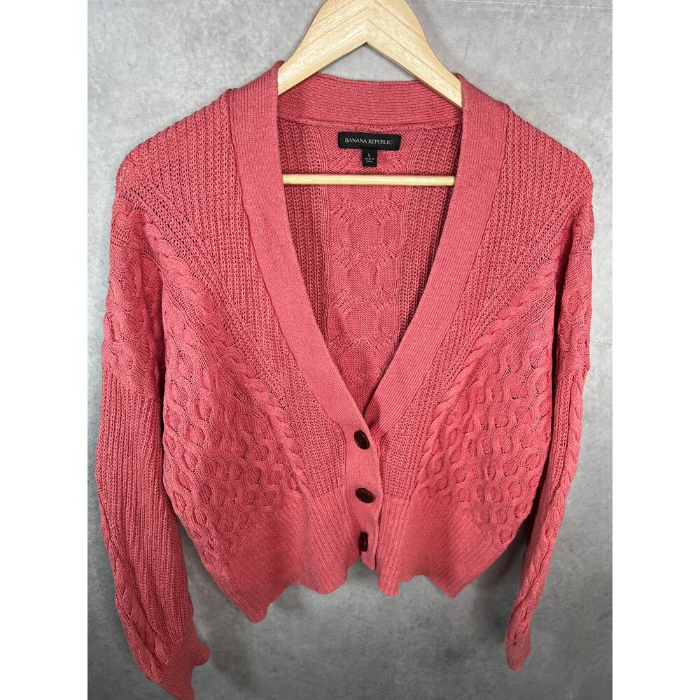 Banana Republic Pink Cable Knit Costal Grandma Cardigan Large Cottagecore